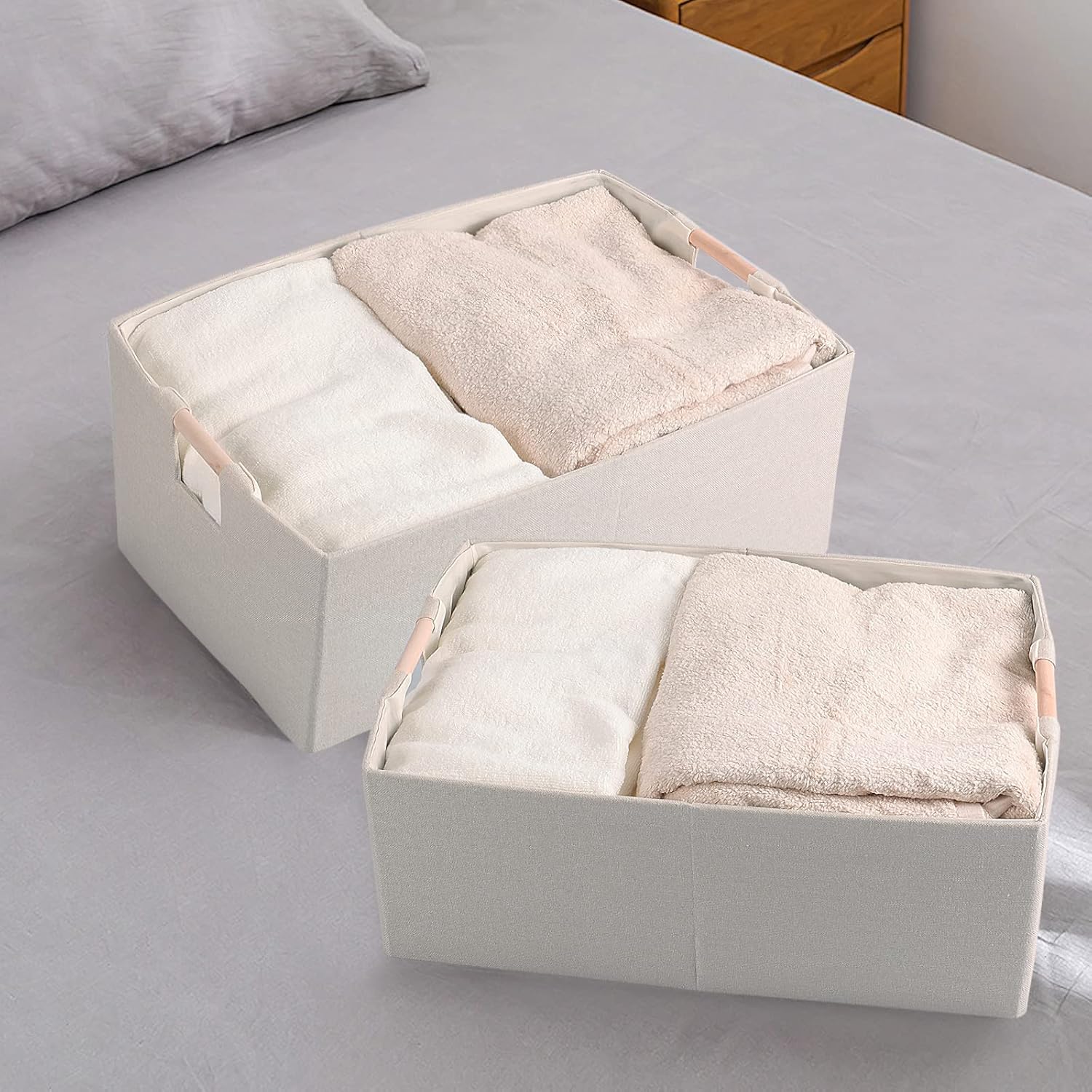 Skiennix Fabric Storage Bins - Foldable Cotton Linen Baskets with Wooden Handles | Beige, Small (3 Pack)