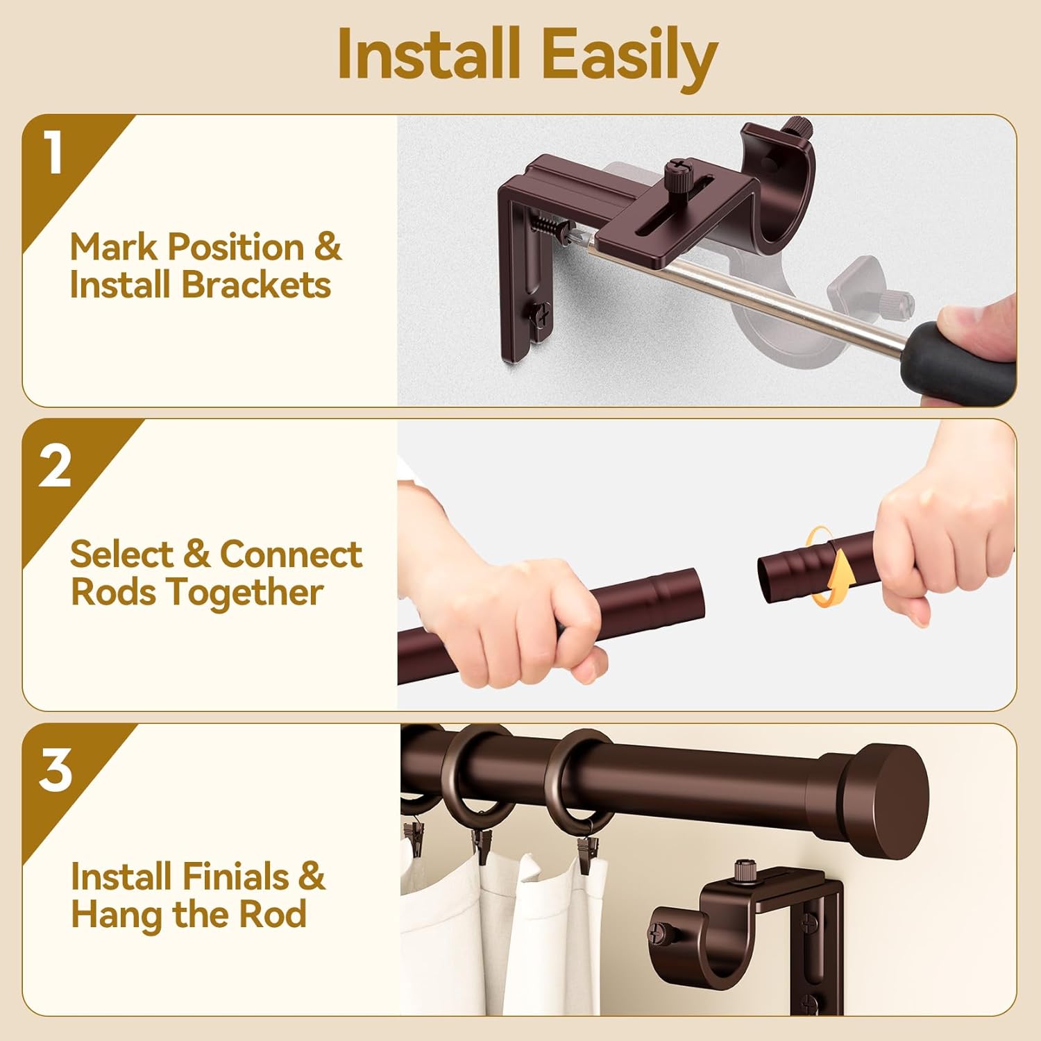 YaFex Adjustable Curtain Rods - Heavy Duty 1 Inch for Windows | 32-84 Inch, Modern Bronze Design