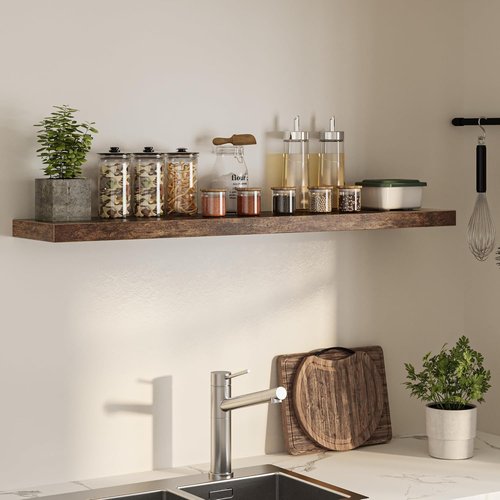 FLYJOE Floating Wall Shelf - 55"W Wooden Display Shelf with Invisible Brackets | Rustic Brown, Ideal for Home Decor