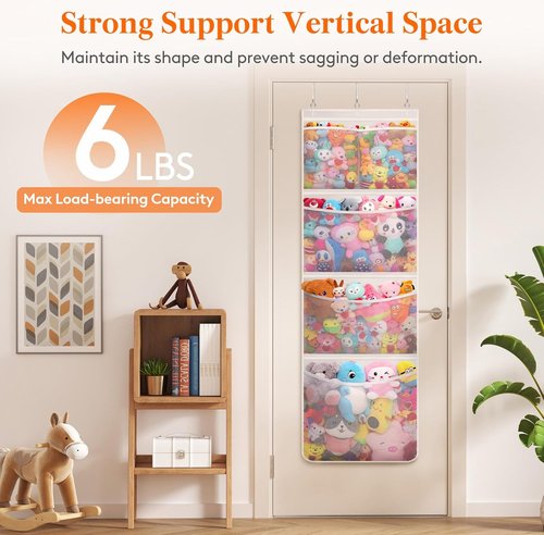 Lifewit Stuffed Animal Storage - Over The Door Organizer with 5 Expandable Mesh Pockets | White, 65.8" High