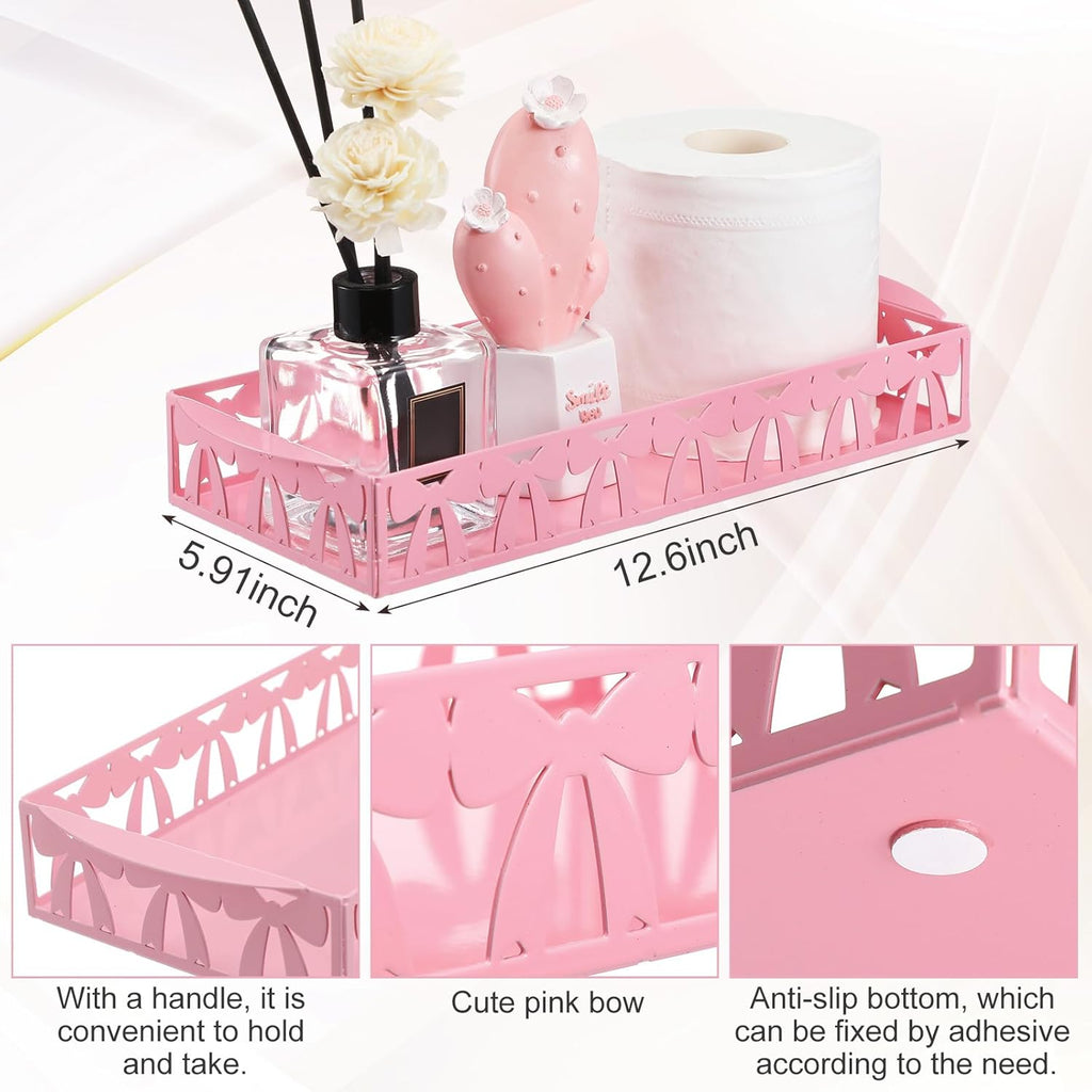 Skiennix Pink Bow Toilet Paper Basket - Cute Metal Holder with Handle for Bathroom Storage | Coquettish Decor