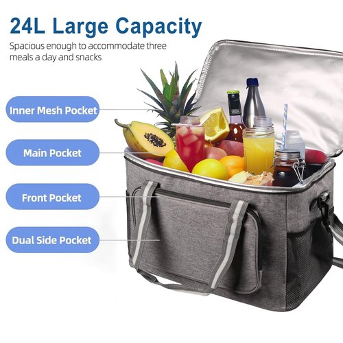 iknoe Large Cooler Bag Collapsible, 24L Insulated Bags, Leakproof Lunch Cooler Tote with Multi-Pockets for Adult Insulated Thermal Bag for Beach, Picnic, Office Work, Grey 36-Can
