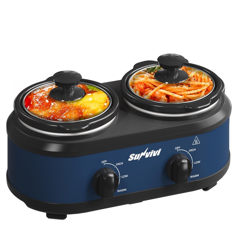 SUNVIVIPRO Double Slow Cooker,2 Removable Pots Small Mini Crock Buffet Server and Warmer with Adjustable Temp, Visible Glass Lids, Dishwasher Safe, 2 x 1.25 Quart, Blue