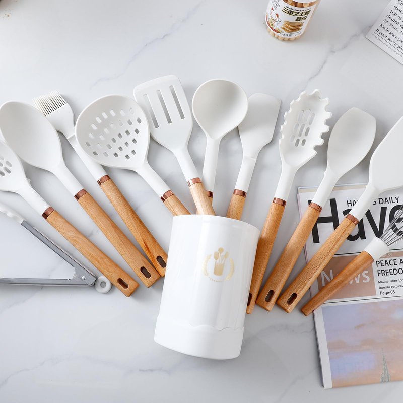 Jiufei Home 13-Piece Silicone Kitchen Utensils Set, Wooden Handle Nonstick Cooking Tools with Spatula Turner Tongs Ladle, Heat Resistant 450°F BPA-Free Dishwasher Safe Cookware Accessories (White)