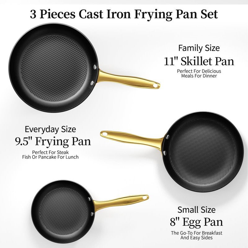 Cast Iron Skillet Set, Nonstick Frying Pan Set, Cast Iron Induction Non Stick Frying Pan, 8Inch&9.5Inch&11Inch Skillet Omelette Egg Frying Pan Set, kitchen Cooking Pan Set W/Stay Cool Handle