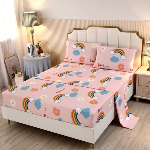 SDY 4PCS Rainbow Bedding Sheet Set,Twin Size Cute Pink Unicorn Sheets Set Included 1 Deep Pocket Fitted Sheet+1 Top Flat Sheet+2 Pillowcases for Kids Girls Toddler…