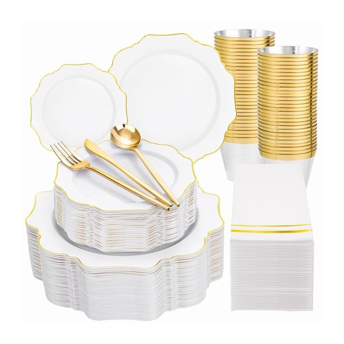 WDF 350PCS White and Gold Plastic Plates - Gold Plates Disposable 50Guest Plastic Dinnerware Ideal for Party/Wedding/Birthday/Ramadan/Easter