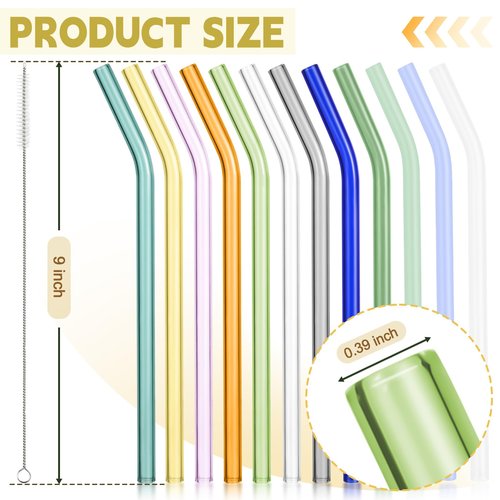 BIEOFFEI 12 Pack Reusable Colored Glass Straws - 9" x 10 MM Bent Glass Drinking Straws with 2 Cleaning Brushes, Thick Straw for Smoothies, Milkshake, Frozen Drinks, Tea, Juice, Iced Coffee