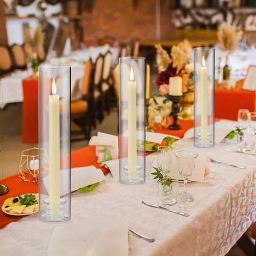 12 Sets Modern Candle Stand with Chimney Cover Taper Candle Holders Glass Hurricane Candle Holder for Tapered Candles 12inch Large Crystal Candlestick Holder Stand with Cylinder Sleeves for Wedding