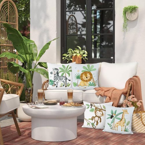 Bonhause Animals Print Throw Pillow Covers 18 x 18 Inch Set of 4 Monkey Giraffe Lion Zebra Toucan Palm Tree Soft Velvet Decorative Pillow Cases for Couch Sofa Bed Kids Room Decor