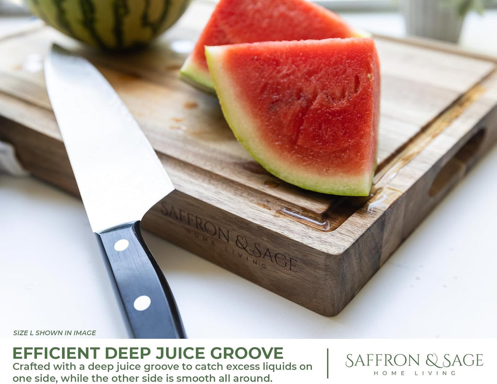 Saffron & Sage Large Wood Cutting Board - Thick Acacia 16 x 12 x 1.5 Inch with Juice Groove & Reversible Design