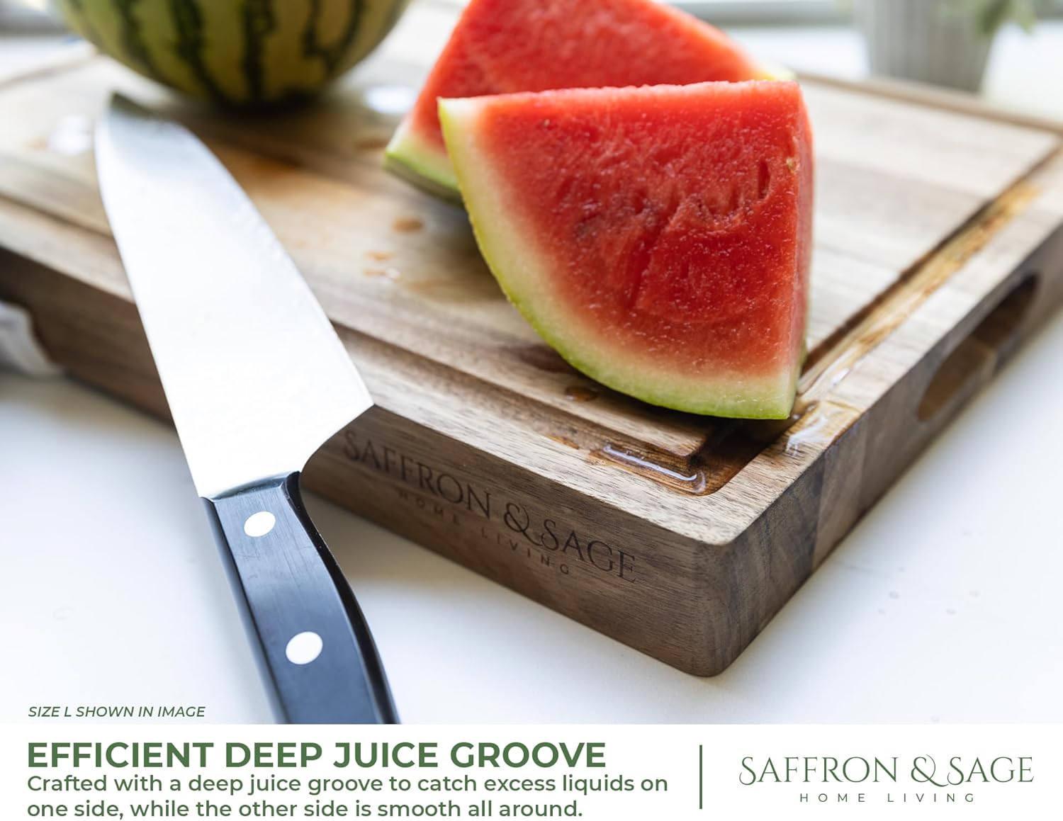 Saffron & Sage Large Wood Cutting Board - Thick Acacia 16 x 12 x 1.5 Inch with Juice Groove & Reversible Design