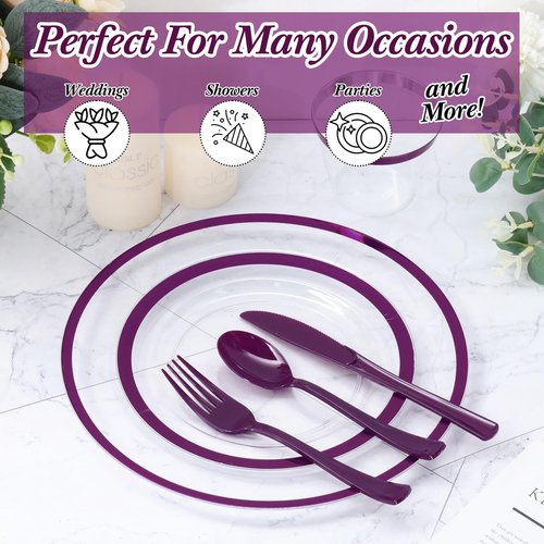 Roshtia 300 Pcs Plastic Dinnerware Set for 50 Guests, Clear Plastic Plates with Rim, Include Disposable Plates, Cups, Knives, Forks and Spoons for Birthday Wedding Party(Purple)