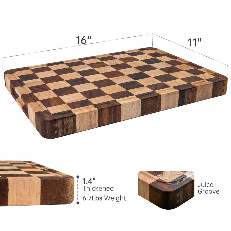FYCTIO Checkered Cutting Boards for Kitchen, Acacia Wooden Chopping Board with Juice Grooves & Handles, Thickened Butcher Block for Meat, Vegetables and Fruits with Gift Box, 16" x 11" x 1.4"