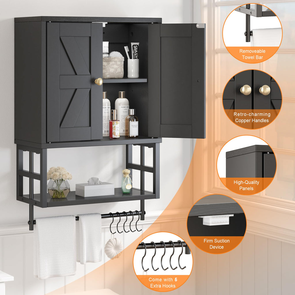 FUNHUKSON Farmhouse Medicine Cabinet - 3-Tier Wall Mounted Storage Organizer with Adjustable Shelves, Towel Bar, 5 Hooksfor Small Bathroom, Laundry Room, Over Toilet, Living Room, Bedroom (Black)