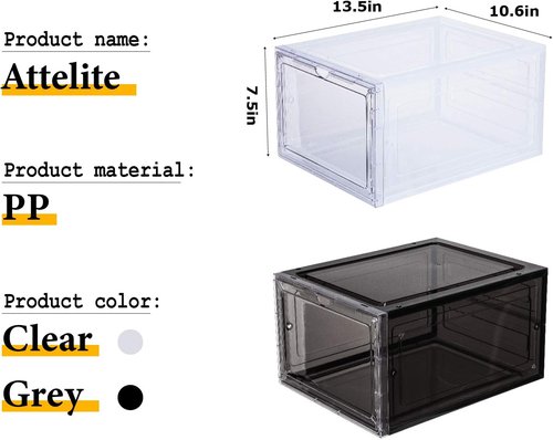 Attelite Shoe Box | Set of 6 Stackable Clear Organizers with Magnetic Door - Fits Up to US Size 12, Black