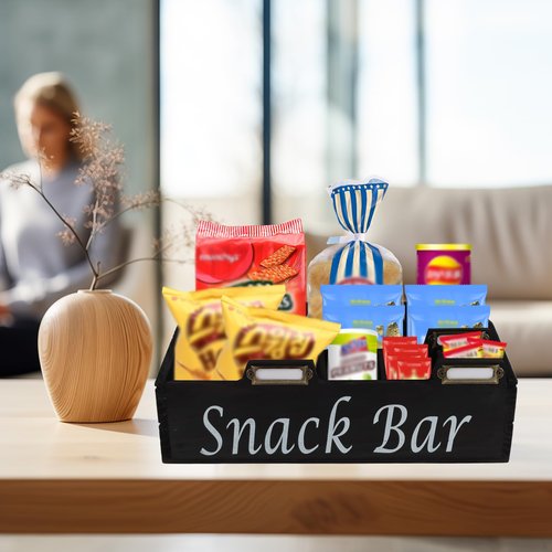 Xbopetda 6 Compartment Wooden Snack Organizer, Black Painted Pine Wood, Countertop Snack Bar Station, Pantry Organizer and Storage