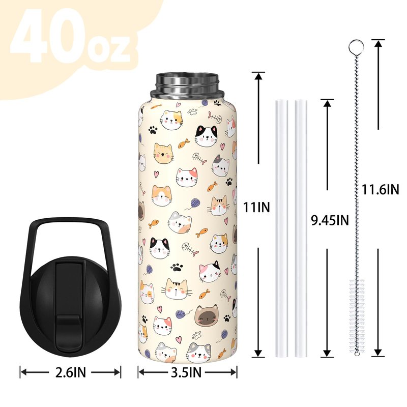 Sabobo 40oz Cats Water Bottles with Flip Straw & Spout Lid, Double Wall Stainless Steel Travel Sport Bottle, Cream Gym Gifts for Women Men (1PC)
