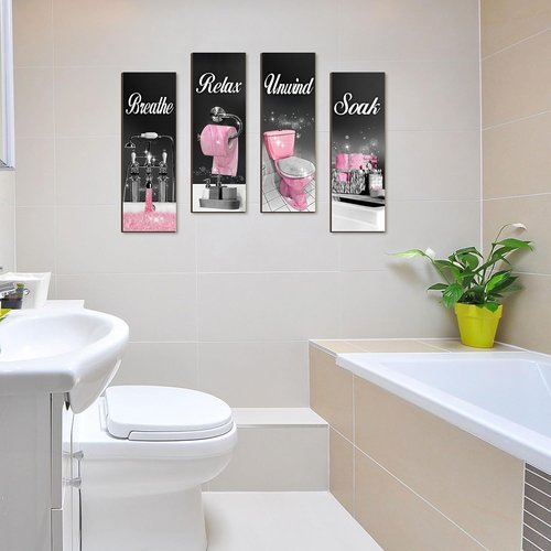 Honoson Bathroom Wall Art - 4 Pcs Farmhouse Decor Signs for Soak, Unwind & Relax | Black & Pink