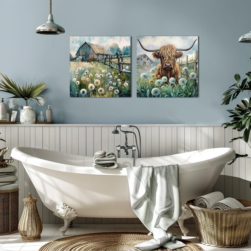 YUEYARIT Farmhouse Decor Dandelion Wall Art Rustic Pictures Canvas Art Prints, Bathroom or Kitchen Gifts, Ideal Flower Artwork for Living Room