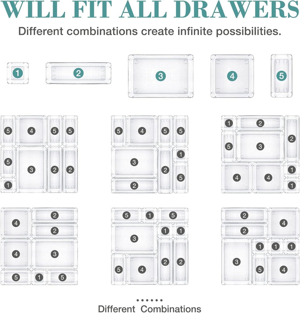 StorMiracle Drawer Organizer Set - 16 PCS Clear Storage Bins for Bathroom & Kitchen | Versatile Sizes for Makeup, Jewelry & Utensils