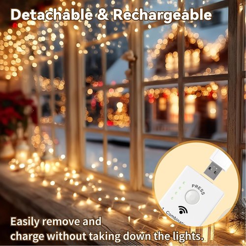 HXWEIYE 300L Curtain Lights - 16FT 50LED Rechargeable Fairy Lights with DIY Timer & 8 Modes