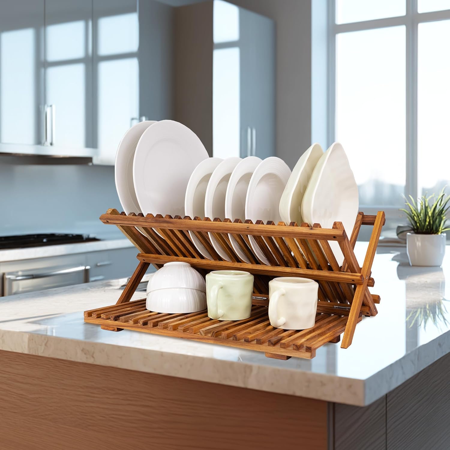 Utoplike Teak Dish Drying Rack - Large 3-Tier Collapsible Kitchen Organizer for Plates & Cups