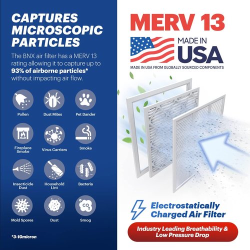 BNX TruFilter 20x20x1 MERV 13 Air Filters (6-Pack) - Electrostatic Pleated HVAC Filters for Allergies & Smoke