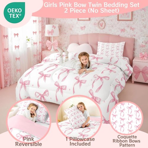 Erosebridal Twin Bedding Set - Cute Pink Bow Comforter with Ribbon Knot | Princess Room Decor, 1 Pillowcase