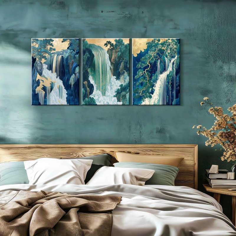 Framed Japanese Waterfall Canvas Wall Art Japanese Style Triptych Painting Nature Scenery Poster Print Oriental Gallery Style Decorative Painting Living Room Bedroom 16×24 Inch Ready to Hang