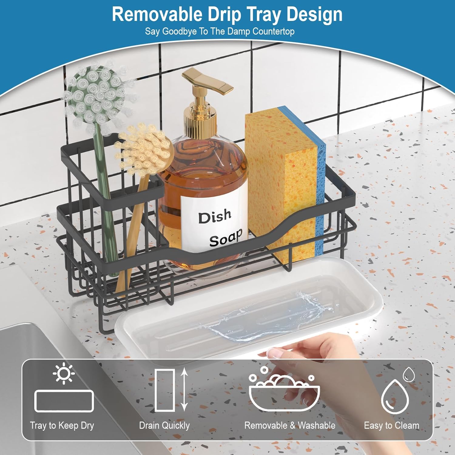 Skiennix Sponge Holder - Multifunctional Rustproof Kitchen Sink Organizer with Detachable Brush Holder & Drain Tray