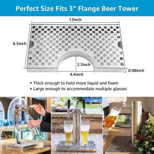 Dbgogo Kegerator Beer Drip Tray Stainless Steel Keg Drip Tray with Non-Slip Silicone Pads 4.4” Cutout Kegerator Surface Mount Beer Tower Drip Tray for Home Bar Mini Fridge without Drain