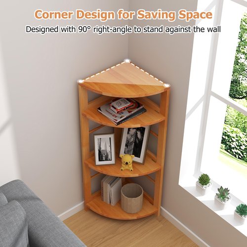 Giantex 4-Tier Corner Shelf, 34" Bookshelf with Rubber Wood Frame, Anti-Toppling Kit, Freestanding Storage Shelf, Corner Display Rack Plant Stand for Living Room, Study, Bedroom, Home, Natural