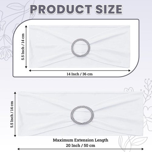 MDS Spandex Chair Sashes - Universal Fit Elastic Stretch Bands with Buckle Slider Bow | 150 Pack - White