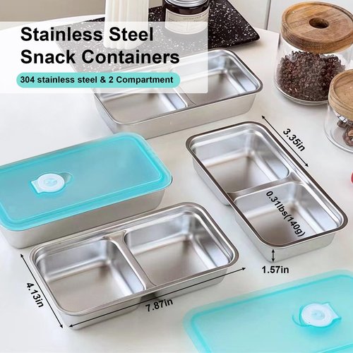 2 Pack Stainless Steel Snack Containers, Reusable Grab and Go Snack Containers with Leakproof Lids, 2 Compartment Food Lunch Meal Container Prep for Travel, Outdoor Camping(Dishwasher Safe)