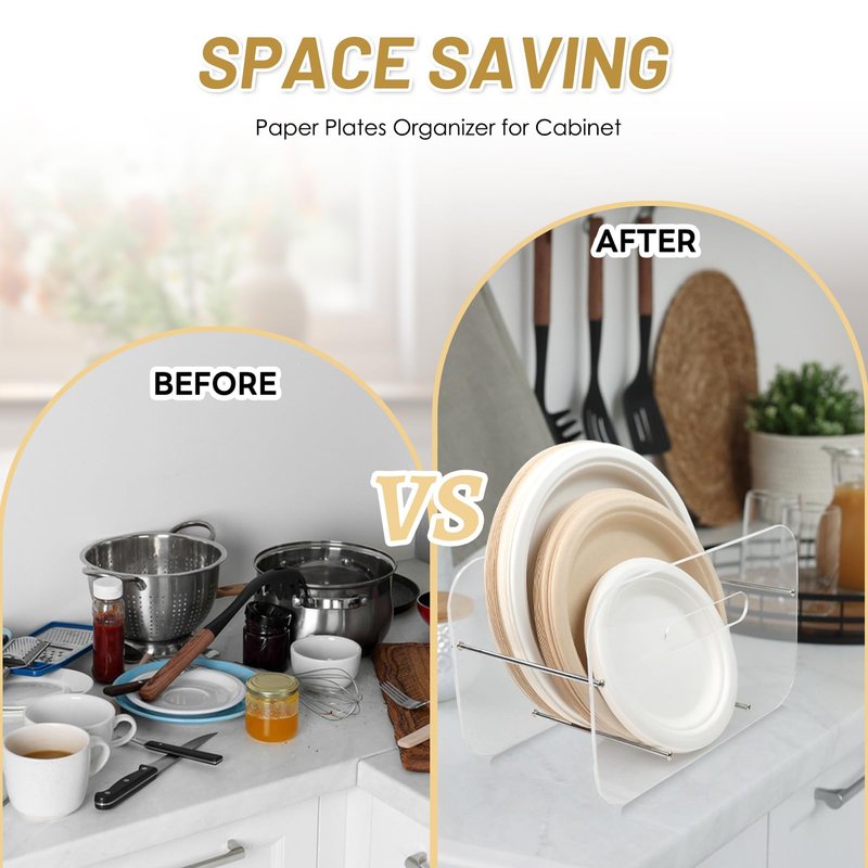 LVQVEV Paper Plate Dispenser, 7-12 Inch Disposable Plates Storage Organizer, Round Square Plastic Foam Paper Plate Acrylic Organizer for Cabinet, Countertop, RV or Outdoor Use (1)
