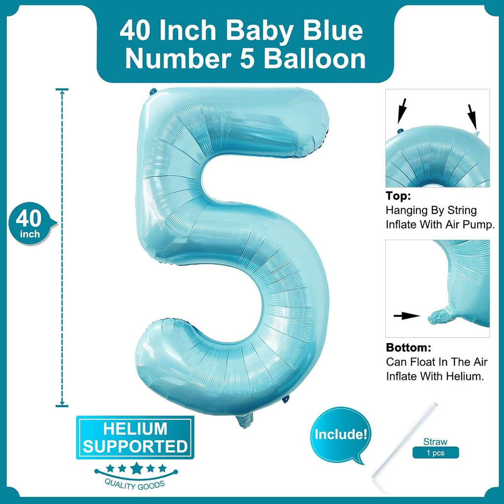 Skiennix 40-Inch Baby Blue Number 5 Balloon - Jumbo Foil Mylar for Boys' 5th Birthday Party Decor