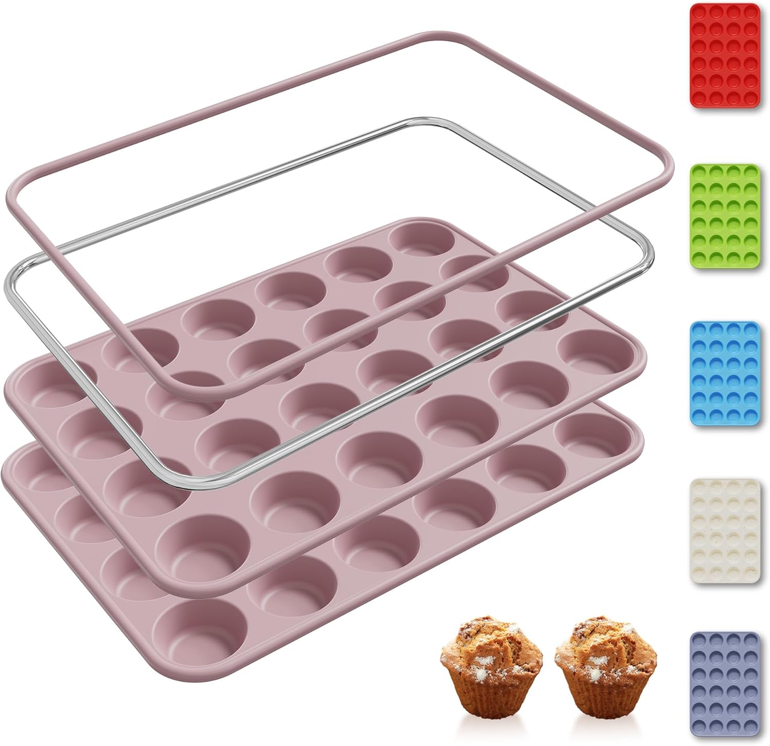 Skiennix Mini Muffin Pan Set - 24 Cup Silicone Molds with Metal Reinforced Frame | Non-Stick & Oven Safe