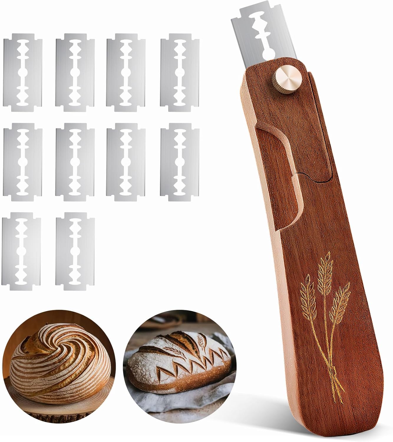 Wooden Bread Lame - Handcrafted Sourdough Scoring Tool with Screw Lock & 10 Razor Blades | Reddish Brown