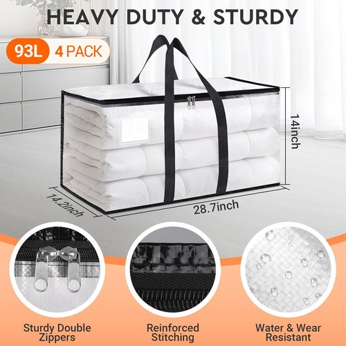 HomeHacks Clear Moving Bags - Heavy Duty 4 Pack with Zipper & Waterproof Design | 93L/24Gal (28.7"x14.2"x14")