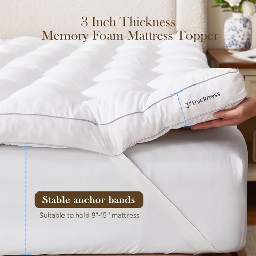Decroom 3 Inch Memory Foam Mattress Topper Twin Size for Back Pain Relief, Thicked Down Alternative-Lined Mattress Pad，Filled with Breathable & Soft Memory Foam Pillow Top, 75x39x3 Inch