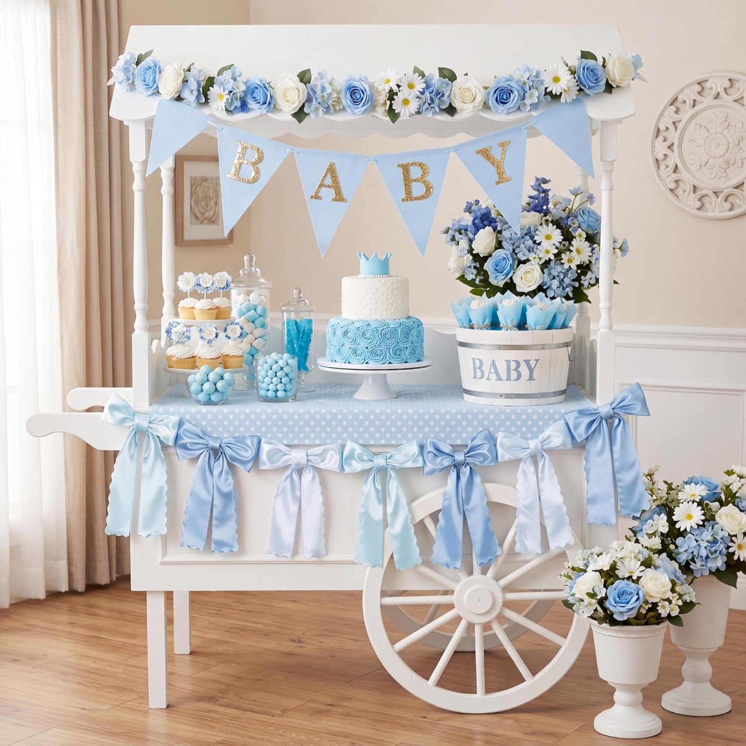 VitalCozy Blue Bow Garland - Pre-Strung Satin Ribbon Decor for Bridal Showers & Parties