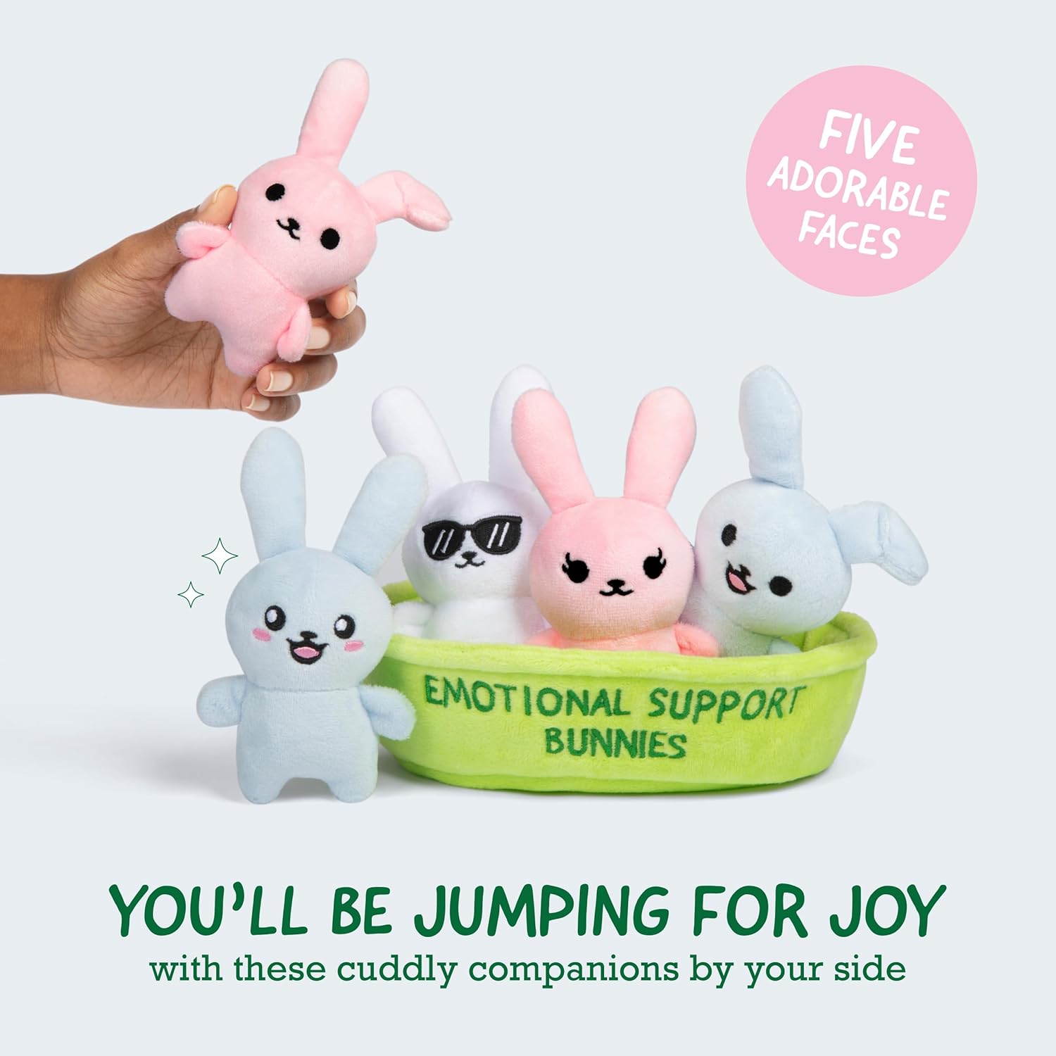 WHAT DO YOU MEME? Emotional Support Bunnies - Cuddly Plush Stuffed Animals | Set of 5 with Basket