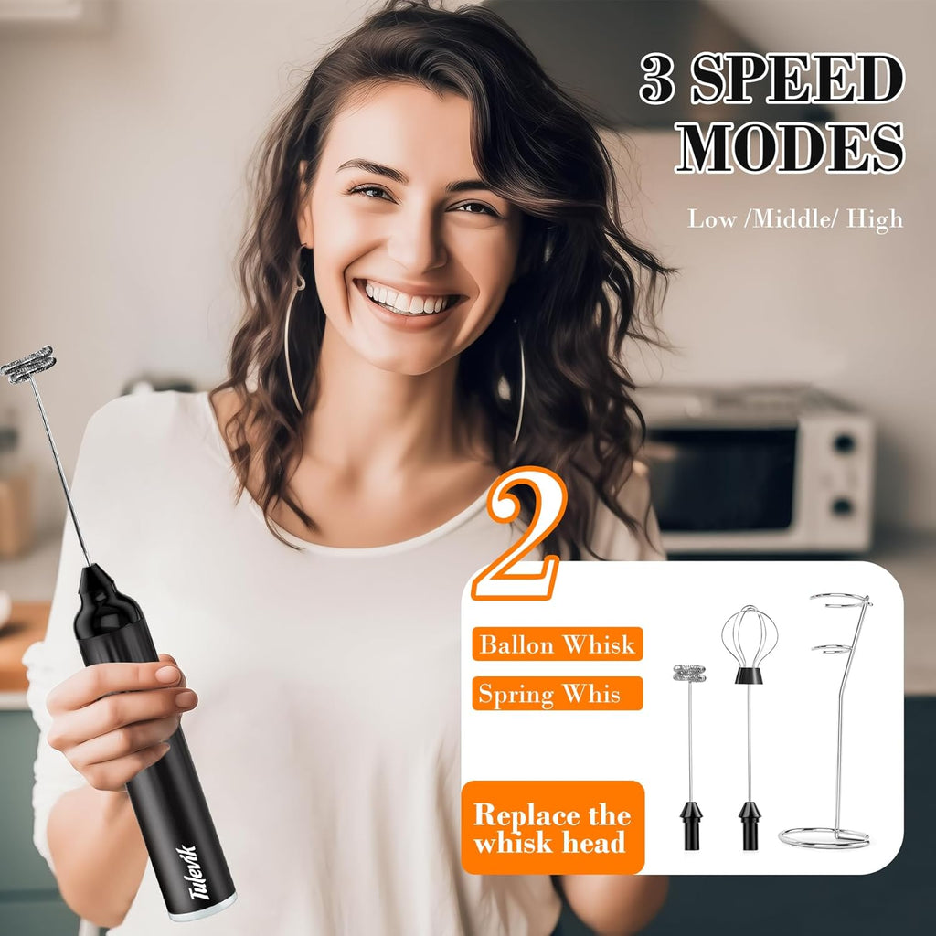 Skiennix Electric Milk Frother - Handheld USB Rechargeable Wand with 3 Speeds for Coffee, Latte, Cappuccino, Hot Chocolate - Black