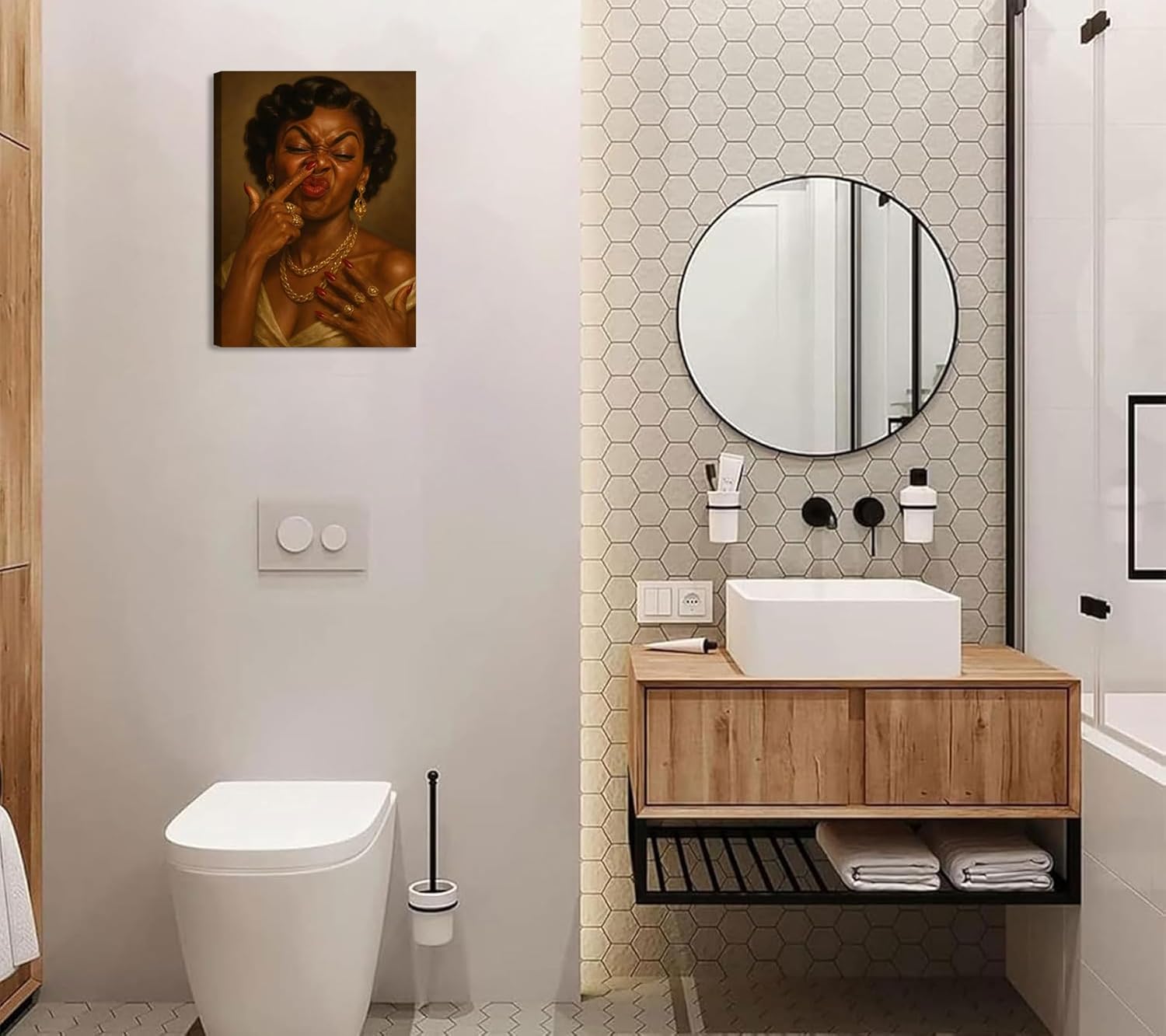 Skiennix Framed Black Woman Canvas Wall Art - Humorous African American Bathroom Decor | 12x16in