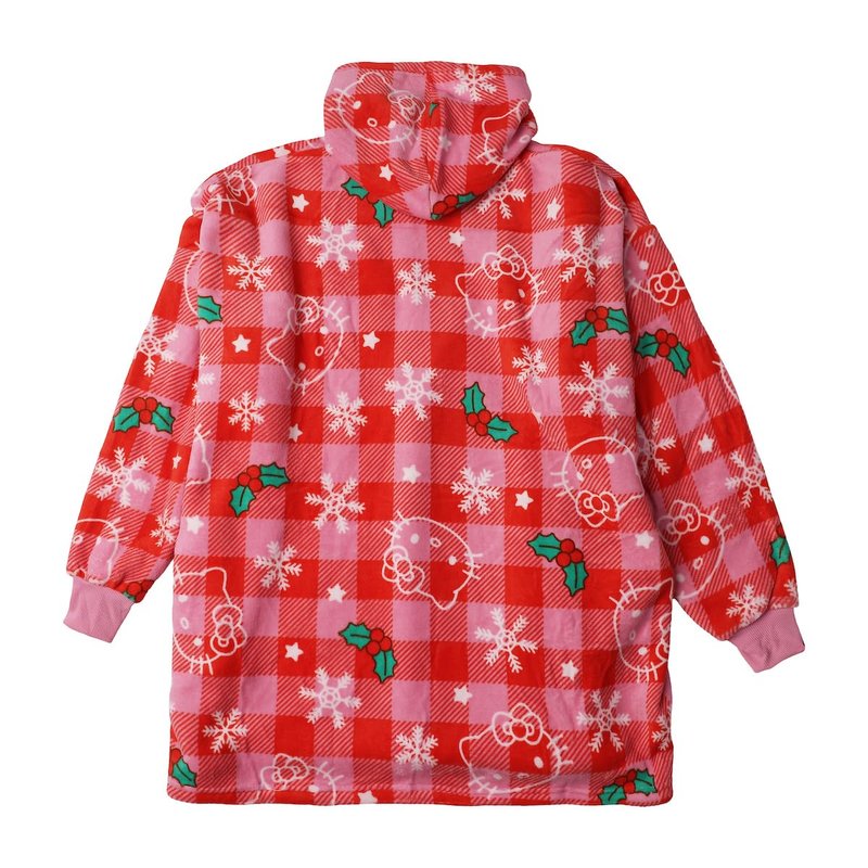 Hello Kitty Christmas Line Art Red Plaid Hoodie Wearable Blanket-OSFA