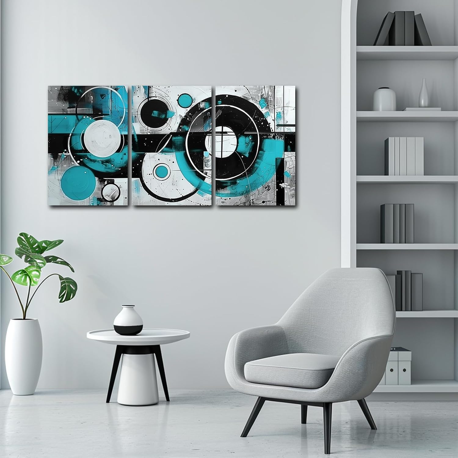 SWQYLB Teal Abstract Wall Art - Blue & Gray Canvas Print Set of 3 | Geometric Circle Design for Home Office Decor (Framed, 12" x 16")