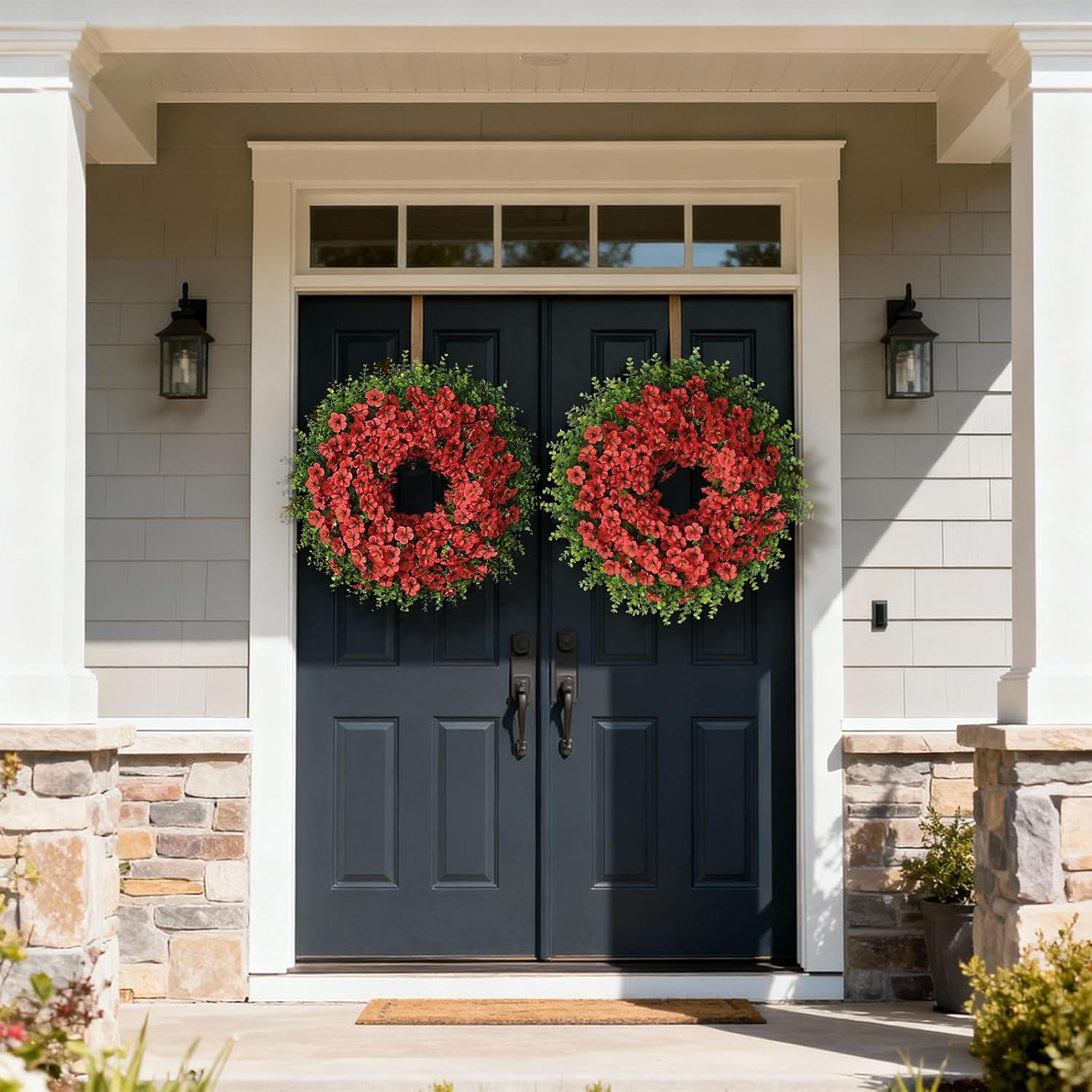 Skiennix 26" Large Artificial Eucalyptus Wreath - Realistic Silk Morning Glory Flowers for Home & Wedding Decor (Red)