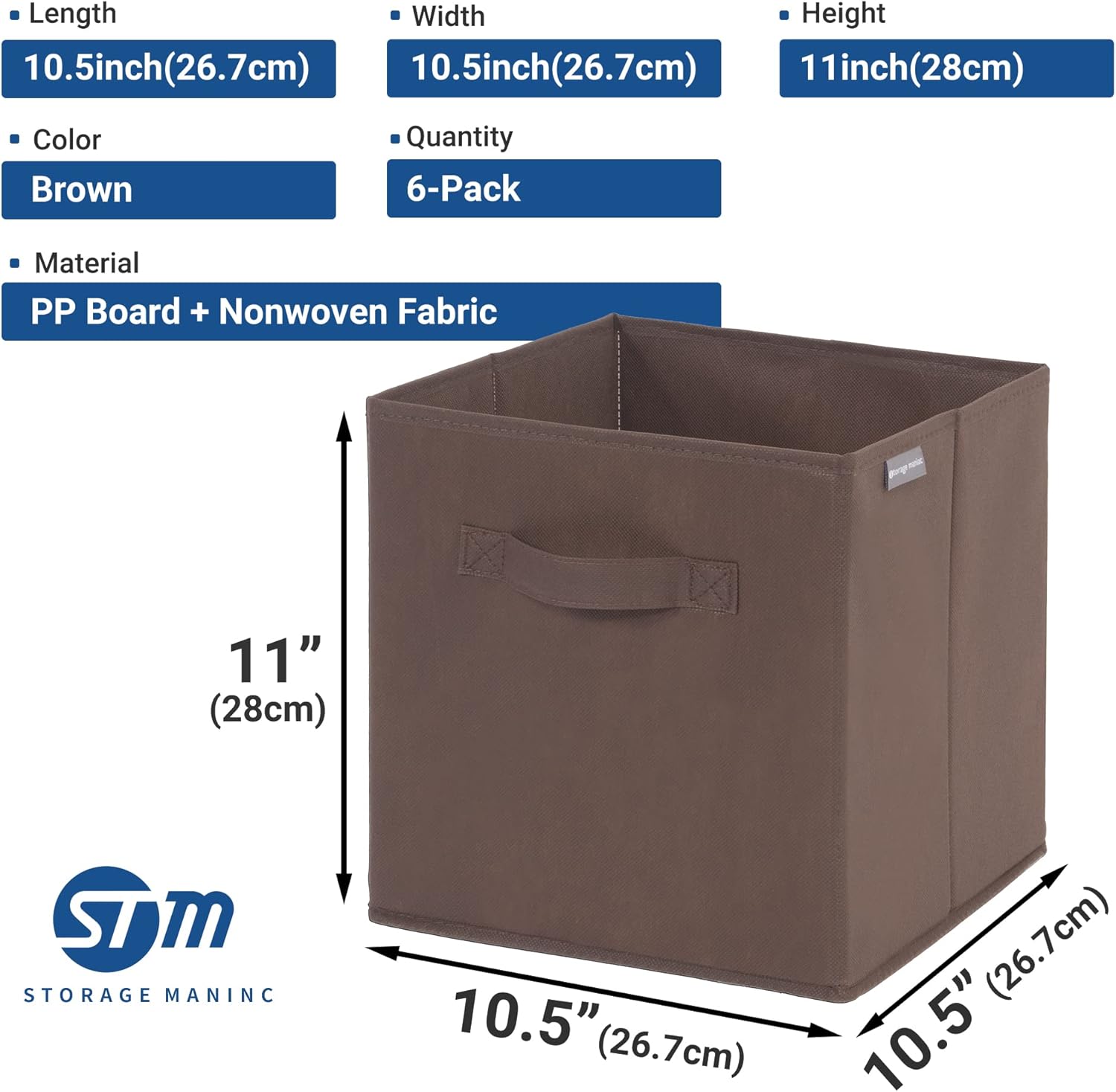 Storage Maniac Storage Cubes - 11-Inch Collapsible Fabric Bins with Handles | 6-Pack for Closet Organization, Brown