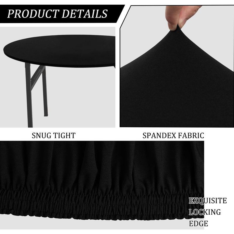 JALANCY 4 Pieces Round Spandex Tablecloth Table Top Cap Cover Stretch Fitted Tablecloth for 6 Foot Round Tables Washable Elastic Table Protector for Indoors Outdoors (Black,6 Foot)
